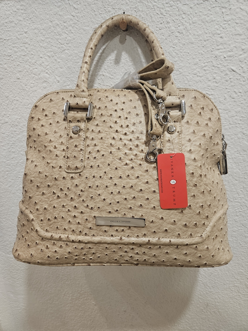 Ivanka Trump Faux-Ostrich Embossed Dome Satchel Handbag – Beige